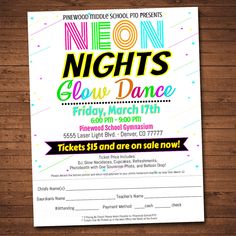 the neon nights glow dance flyer is shown