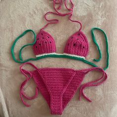 Watermelon Crochet Bikini Size A Tags Say S But I Think It Fits More Like An Xs Brand New Without Tags, Perfect Condition Watermelon Crochet, Crochet Watermelon, Watermelon Outfit, Crochet Beach Wear, Crochet Bathing Suits, Crochet Pieces, Crochet Pink, Crochet Business, Crochet Clothing And Accessories