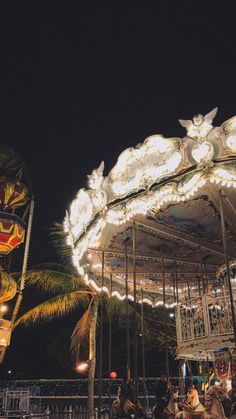 an illuminated merry go round at night with palm trees