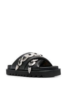 Toga Pulla disc-embellished Chunky Slides - Farfetch Chunky Slides, Urban Shoes, Toga Pulla, Black Slides, Leather Silver, Sneaker Heels, Crossover, Heeled Boots, Open Toe