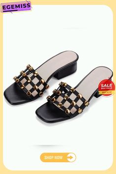 Genuine Cow Leather Rivets Women Square High Heels Gladiator Sandals Beach Slippers Beach Mules With Buckle Closure And Block Heel, Beach Block Heel Mules With Buckle Closure, High Heel Mules With Buckle Closure For Beach, Square High Heels, High Heel Gladiator Sandals, Leather Rivets, Black Cow, Sandals Beach, Beach Slippers