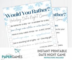 two printable holiday date night games with snowflakes