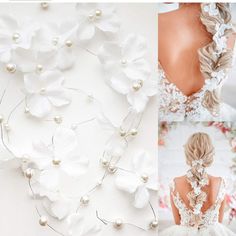 the back of a woman's wedding dress with flowers and pearls on her hair