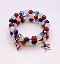 Red Carnelian, White Jade & Blue Agate round beads with silver spacers Beads - Flag and Heart Charm - Memory Wire Bracelet This is a well quality Bracelet for your next 4th of July Celebration or patriotic party. This Bracelet wrap 17 inches in length and is a great piece to add to your jewelry collection. beads are about 8mm. You will receive a nylon gift bag for your gift giving. You will choose gift bag color at checkout. If you have any questions send me a message. Agate Beaded Bracelets With Spacer Beads, Red Round Beads Bracelets For 4th Of July, Patriotic Red Beaded Bracelets With Round Beads, Patriotic Red Beaded Bracelet With Round Beads, Patriotic Red Beaded Bracelet, Multicolor Round Beads Bracelet For 4th Of July, Patriotic Round Beads Stretch Bracelet For 4th Of July, Beaded Bracelet For 4th Of July, Patriotic Blue Round Bead Jewelry