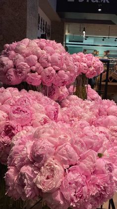 many pink flowers are in vases on display