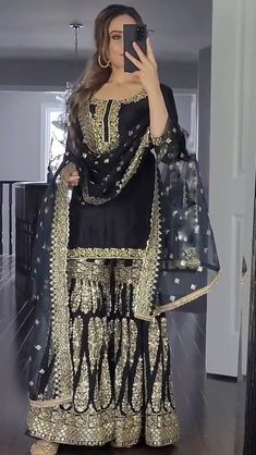 Black Punjabi Sharara Suit Designer Salwar Suit Heavy Embroidery Sequence Work Pakistani Sharara, Desi Dress, Full Sleeve Top, Punjabi Outfits, Punjabi Dress, Desi Fashion Casual, Pakistani Fancy Dresses, Salwar Kamiz, Desi Clothes