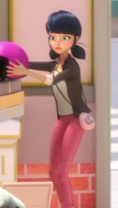 an animated woman holding a ball and standing next to a dog in a room with brick walls