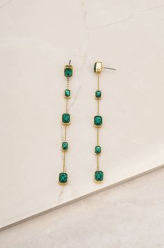 18k gold plated Zinc & brass Glass 4.25" Green Drop Earrings, Crystal Dangle Earrings, Green Gems, Cross Earrings, Emerald Earrings, Gold Earrings Dangle, Green Crystals, Clear Crystal, Tassel Necklace