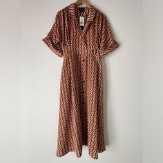 Nwt - Beautiful Shirt Dress In A Rich Camel And White Link Pattern; Fits Like A Size 4/6. I Love The Fit Of The Dress, But The Pattern Was Not For Me. My Loss Is Your Gain! Button Down Shirt Dress, Camel, The Dress, Button Down Shirt, Shirt Dress, Size 4, Midi Dress, I Love, Womens Dresses