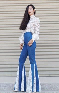 Blouse And Bell Bottoms, Fabric Bell Bottoms, Flare Jeans Lace, Pant Fashion Women, Pants With Ruffles Bottoms, Diy Flare Jeans With Fabric, Flare Jeans With Lace, Different Pants Styles For Women, Cute Custom Outfits