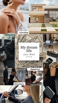 a collage of photos with the words, my dream life written on them and images of women in black dresses