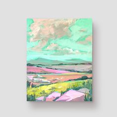 an abstract painting of green, pink and yellow hills with clouds in the sky above