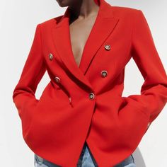 Zara Orang/Red Textured Double Button Blazer Structured Winter Blazer With Buttons, Winter Structured Blazer With Buttons, Designer Double-breasted Outerwear For Party, Designer Party Blazer With Button Closure, Notch Lapel Outerwear For Parties, Red Button-up Formal Blazer, Notch Lapel Outerwear With Buttons For Party, Red Button-up Blazer For Formal Occasions, Party Blazer With Double Button Closure