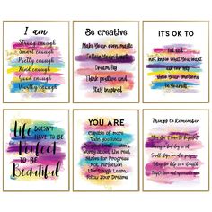 four colorful watercolor prints with different sayings on the front and back of them