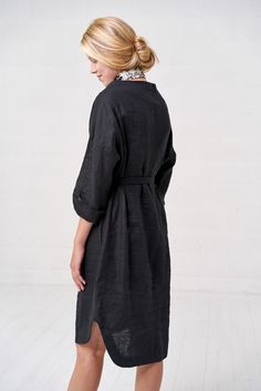 #Black #Belted Linen Midi Dress For Women, Asymmetrical #Wrap #Linen Dress,#Sustainable fashion, Ethically made, Slow fashion Elegant Midi Dress With Roll-up Sleeves, Knee-length Work Dresses With Roll-up Sleeves, Knee-length Dresses With Roll-up Sleeves For Work, Elegant Fall Dress With Roll-up Sleeves, Elegant Knee-length Dresses With Rolled Sleeves, Chic Midi Dress With Roll-up Sleeves, Spring Black Belted Dress For Daywear, Black Belted Dress For Spring Daywear, Black Dresses With Pockets For Daywear