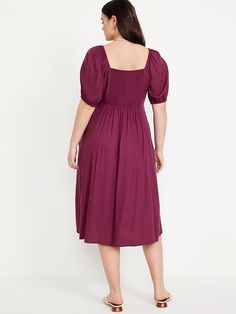 Fit & Flare Crepe Midi Dress | Old Navy Casual Empire Waist Dress With Gathered Sleeves, Billowy Smocked Dress With Square Neck And Ruched Details, Flowy Empire Waist Midi Dress With Smocked Back, Casual Smocked Dress With Ruched Bodice And Square Neck, Solid Color Square Neck Midi Dress For Day Out, Casual Billowy Dress With Gathered Neckline, Midi Dress With Square Neck For Day Out, Casual Dress With Elastic Sleeves And Square Neck, Casual Midi Dress With Gathered Sleeves And Square Neck