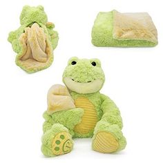 a stuffed frog is sitting next to a blanket and mitt, with other items in the background