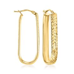 Ross-Simons - Italian 10kt Yellow Gold Oval Hoop Earrings. 1 1/4". Canaria fine jewelry. Perfect for everyday wear, these genuine 10kt gold wardrobe essentials are fashionable, fun and designed to last a lifetime. Strong and durable, our collection of gold classics is always a great value. These elongated oval hoop earrings from Italy make a shining impression in gleaming 10kt yellow gold. Textured and polished finishes. Hanging length is 1 1/4". Snap-bar, 10kt yellow gold oval hoop earrings. Gold Wardrobe, Oval Hoop Earrings, Fine Jewelery, Yellow Earrings, Gold Piece, Precious Metal, Affordable Luxury, 4 In 1, Jewelry Earrings Hoops