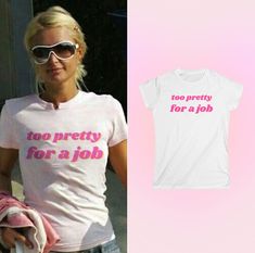 ✮ Trendy "Too pretty for a job" t-shirt. ✮ This classic stylish t-shirt has a simple yet elegant design and effortlessly complements any outfit, making it a must have basic piece. Elevate your wardrobe and make a fashion statement with our very comfortable and soft tee. It's the shirt every girl needs, so it also makes a great gift! Thank you for choosing our shop 𝔁𝓸𝔁𝓸 About: ⭑100% ringspun cotton (fiber content may vary for different colors) ⭑woman's softstyle feminine tee ⭑Light fabric (4. Cheap Slogan T-shirt Crew Neck, Cheap Trendy Slogan T-shirt, Cheap Slogan Graphic Tee Tops, Cheap Slogan T-shirt, Cheap Slogan T-shirt Gift, Cheap Pink T-shirt With Funny Text, Cheap White T-shirt With Slogan, Cool Slogan T-shirt, Affordable, Cool Cheap Slogan T-shirt