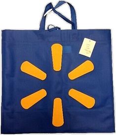 a blue shopping bag with orange handles and yellow tips on the front, has a tag attached to it