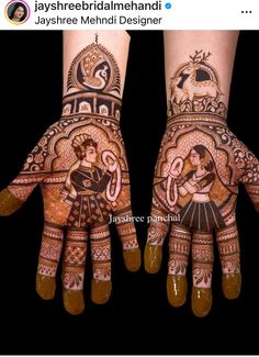 two hands with henna designs on them, one is showing the woman's hand and