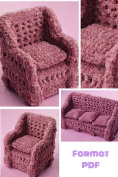 crocheted chair and ottoman made out of pink yarn with text overlay that says,