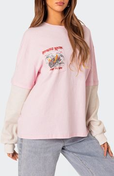 Fiery racing graphics blast across the front and back of this oversized cotton T-shirt flanked by waffle-knit long sleeves. Crewneck Long sleeves with ribbed cuffs 100% cotton Machine wash, dry flat Imported Oversized Pink Graphic Print T-shirt, Oversized Pink T-shirt For Streetwear, Pink Oversized Long Sleeve T-shirt, Pink Long Sleeve T-shirt With Graphic Print, Oversized Pink Top With Crew Neck, Racing Graphics, Medium Long, Waffle Knit, Sleeve Cotton