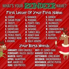 a christmas list with reindeers on it and the words what's your reindeer name?