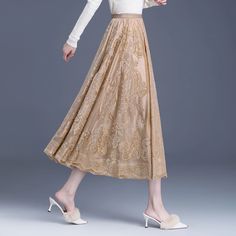 Olivia Mark - Floral Velvet Trim Fashion A-line Midi Skirt Palace Court Long Skirt Umbrella Skirt Elegant Non-stretch Flared Skirt, Elegant Non-stretch Beige Skirt, Non-stretch Elegant Flared Skirt, Elegant Non-stretch Full Skirt Bottoms, Beige Flared Skirt For Winter, Winter Beige Flared Skirt, Spring A-line Lined Skirt, Beige Pleated Flared Skirt For Party, Non-stretch Lined Flared Skirt