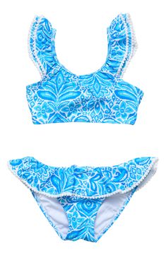 Let your little one splash and play in this ruffled, pom-trimmed two-piece swimsuit featuring a Grecian-inspired print and built-in sun protection. UPF 50+ sun protection 80% polyamide, 20% elastane Machine wash, line dry Imported Santorini Blue, Mini Pom, Pom Pom Trim, Don't Settle, Kids Swimwear, Swimwear Girls, Girls Rock, Swimsuit Cover