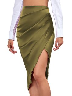 PRICES MAY VARY. Solid color, high split side, ruched, satin skily frabric, high waist cocktail midi skirt for women and girls. Slim fit, knee length. Plain ruched bodycon midi skirt feature asymmetrical split one side, can better show off your long legs and make you look sexy. Satin slit pleated long skirt pair with any crop tops, shirts, blouses, t shirt can easily for a chic look, wear it to got everyone's attention at once. Hight low high waist party midi skirt for spring, summer and autumn. Crop Tops Shirts, Bodycon Midi Skirt, Pleated Long Skirt, Spring Skirts, Skirt For Women, Printed Midi Skirt, Floral Midi Skirt, Black Midi Skirt, Beautiful Skirts