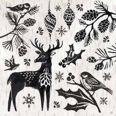 an image of christmas decorations with deer and birds