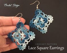 crochet pattern lace square earrings in blue, white and gray colors on black background