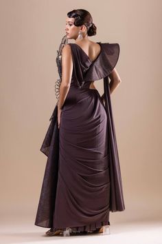 Charcoal grey pre-draped saree gown with crystal, sequins and Swarovski embroidery. - Aza Fashions Swarovski Embroidery, Draped Saree Gown, Saree Gowns, Draped Saree, Gown For Women, Saree Gown, Drape Saree, Gown Pattern, Aza Fashion