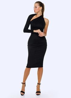 One Shoulder Bodycon Midi Dress For Formal Events, One-shoulder Elastane Dress For Date Night, One-shoulder Bodycon Dress, Chic One Shoulder Bodycon Dress, Elegant One-shoulder Bodycon Mini Dress, One Shoulder Elastane Dress For Night Out, Asymmetrical Neckline One Shoulder Party Dress, Fitted One-shoulder Chiffon Dress, Elegant One-shoulder Stretch Midi Dress