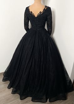 Black gothic romantic wedding lace dress with buttons, vintage scalloped lace alternative bride gown