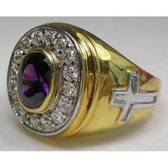 Cross Yellow Gold Bishop Ring Spiritual Hallmarked Signet Ring For Formal Occasions, Heirloom Gold Amethyst Ring With Diamond, Heirloom Amethyst Ring With Diamond In Gold, Gold Sterling Silver Signet Ring With Gemstone, Spiritual White Gold Rings For Formal Occasions, Gold Spiritual Rings With Polished Finish, Formal Gold Amethyst Ring With Polished Finish, Yellow Gold Amethyst Ring With Polished Finish For Anniversary, Classic Gold Amethyst Ring In Sterling Silver