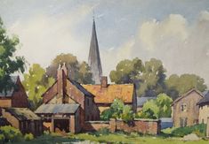 a painting of an old church with a steeple in the background