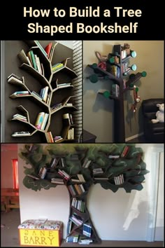 there is a tree that has been made out of bookshelves and other things