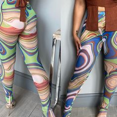 Brand New Has Stretch Trendy High Waist Multicolor Leggings, Multicolor High Waist Leggings For Spring, Non-stretch Multicolor Leggings For Spring, Spring Multicolor Non-stretch Leggings, Trendy High Stretch Green Leggings, Trendy High Stretch Summer Leggings, Trendy High Stretch Leggings For Summer, Trendy High-stretch Leggings For Summer, Tight Green Bottoms For Spring