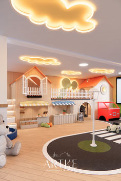 a child's playroom with teddy bears and toys