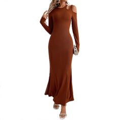 F00228230-104 Brown Bodycon Maxi Dress For Party, Elegant Brown Bodycon Dress, Brown Stretch Sheath Dress, Fitted Brown Off-shoulder Dress, Brown Fitted Off-shoulder Dress, Fitted Off-shoulder Maxi Dress For Fall, Elegant Brown Sheath Bodycon Dress, Brown Off-shoulder Evening Dress, Fall Off-shoulder Fitted Maxi Dress