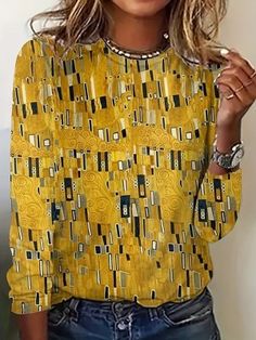 Yellow Vintage Abstract Print Blouse - Azzlee Easy Fall Outfits, How To Have Style, Denim Short Jumpsuit, Sonia Delaunay, Two Piece Jumpsuit, Long Sleeve Tops Casual, Long Sleeve Short Dress, Easy Fall, Maxi Dress Green