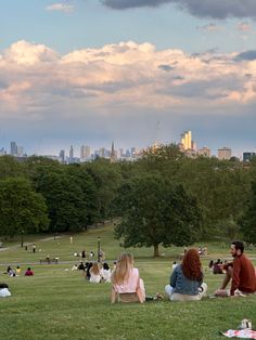 people sitting on the grass in a park with trees and buildings in the background at sunset