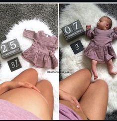 a baby laying on top of a white rug next to a clock and calendars