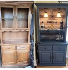 two pictures side by side, one with an old hutch and the other has a coffee bar in it