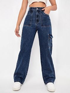 Embrace a contemporary and functional style with these High Rise Cargo Jeans. Crafted from denim, these long-length pants feature a loose fit and a high waistline for a flattering silhouette. The zipper fly closure and button details enhance the overall design, while the cargo-inspired pockets provide both style and practicality. Features: Pattern Type: Plain Type: Straight Leg Jeans Style: Cargo Pants Closure Type: Zipper Fly Details: Button, Pocket, Zipper Waist Line: High-Waist Length: Long F Fall Cargo Jeans In Medium Wash, Fall Medium Wash Full Length Cargo Jeans, Fall High-waisted Flare Jeans With Pockets, Dark Wash High-waisted Jeans For Streetwear, Streetwear Full Length Flare Jeans With Pockets, Streetwear Full-length Flare Jeans With Pockets, High-waisted Dark Wash Jeans For Streetwear, Streetwear Full-length Flare Jeans, High Waist Flare Jeans With Side Pockets For Spring