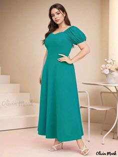 Olivia Mark - Womens Plus Size Elegant Bubble Sleeve Sweetheart Neck Dress: A Perfect Choice for Plus-size Fashionistas Sweetheart Neck Dresses, Dress In, Sweetheart Neckline Dress, Dress Trendy, Neckline Dress, Sophisticated Dress, Bubble Sleeve, Womens Dress, Curve Dresses