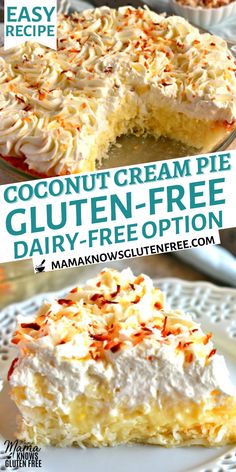 coconut cream pie gluten - free dairy - free option on a white plate