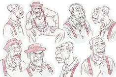 sketches of men with hats and suspenders, one in the process of drawing them